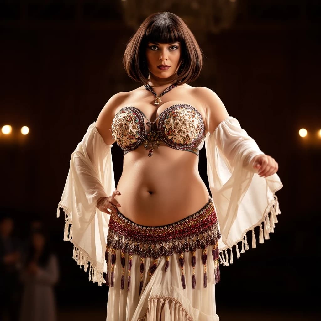 front view chubby belly dancer woman in white costume brunette brown short bob hair stand in hall
