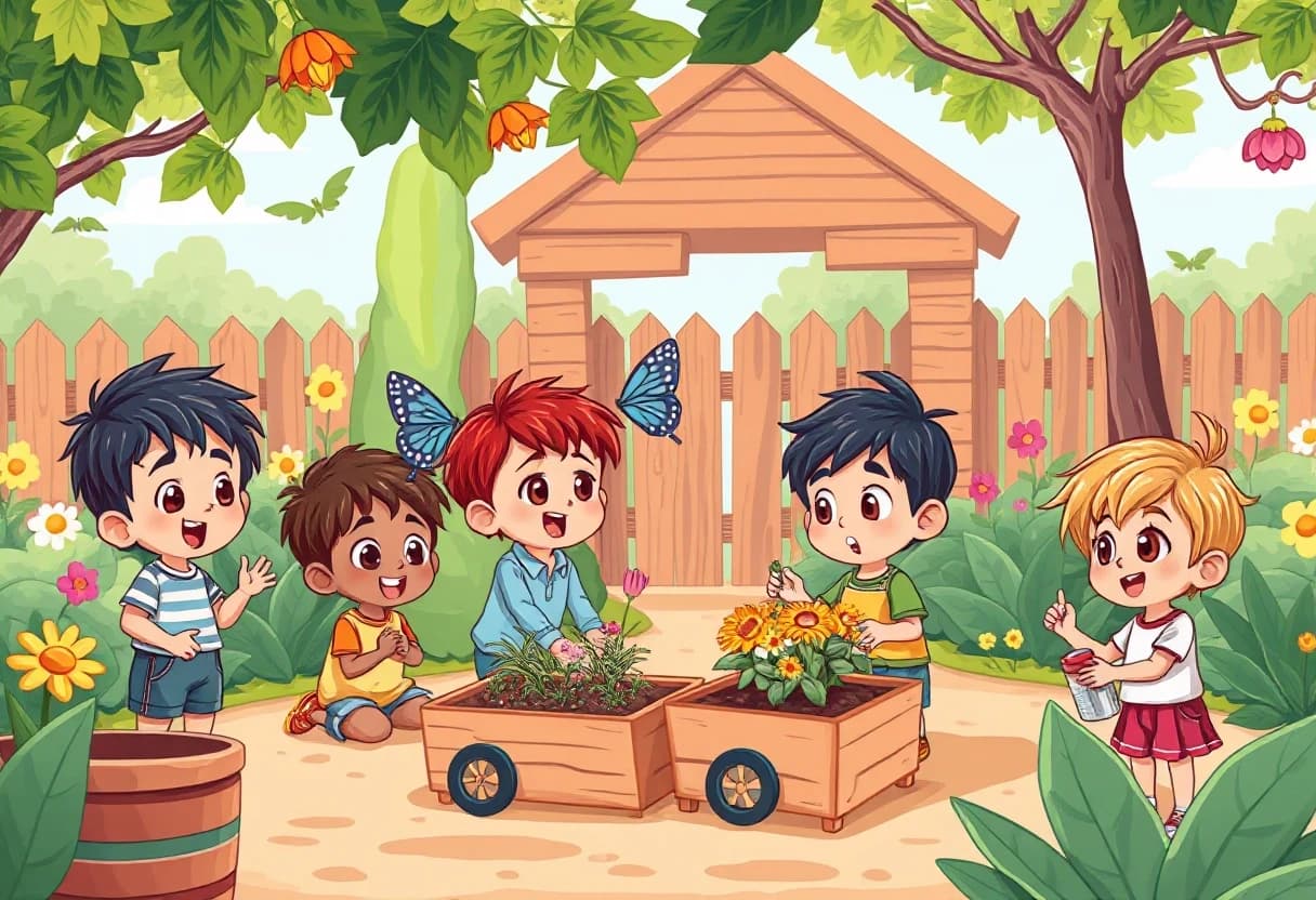 Kids playing at the garden in summer, cartoon illustration