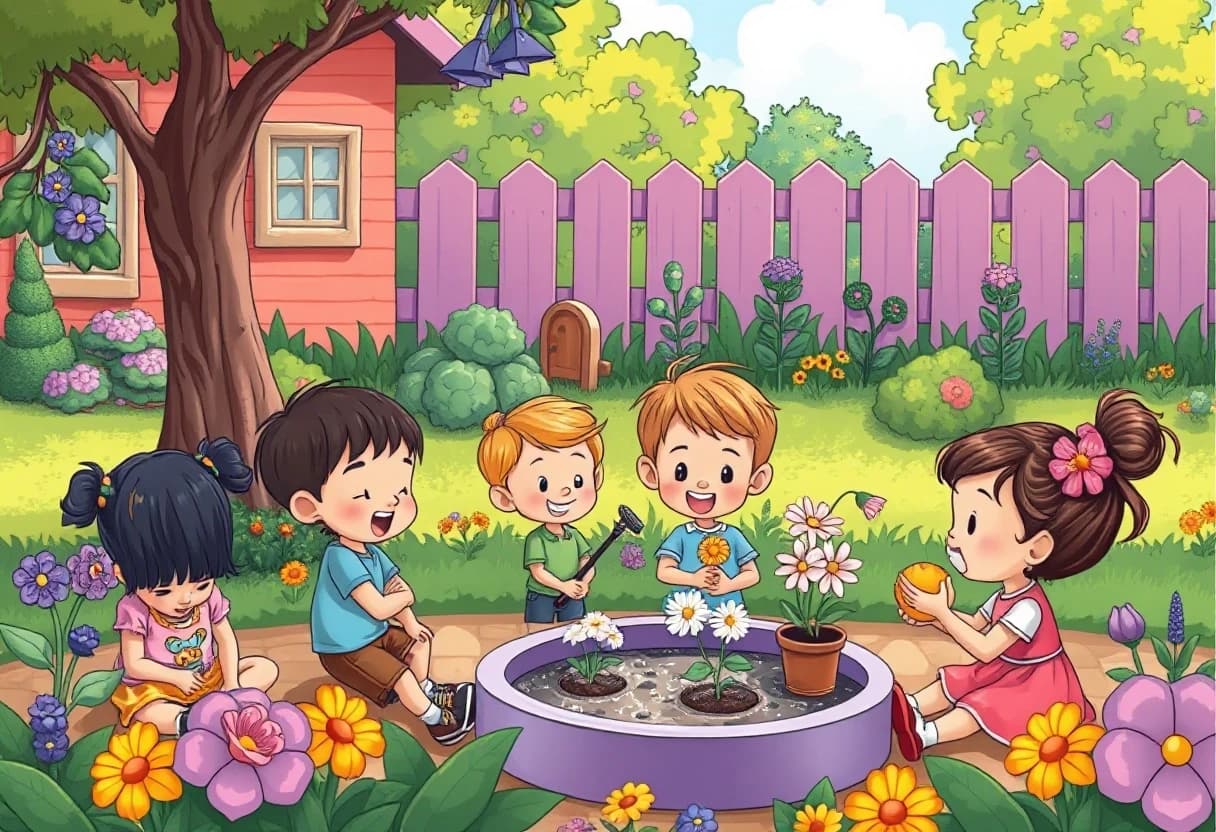 Kids playing at the garden in summer, cartoon illustration