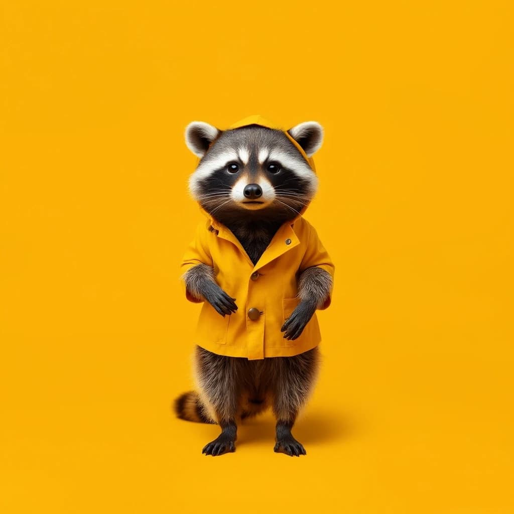 Draw a symmetrical frontal frame in the style of Wes Anderson for the A6 format. In the center is a full—length raccoon, he stands quietly, wearing a miniature mustard yellow raincoat with a hood. The background is smooth mustard, without patterns. Palette: mustard, gray‑brown, beige, white. The lighting is soft, diffused, and the shadows are smooth. High detail: raccoon fur, raincoat fabric, seams and fasteners, anatomically correct proportions. No labels. 8K, stylized to match a movie frame.