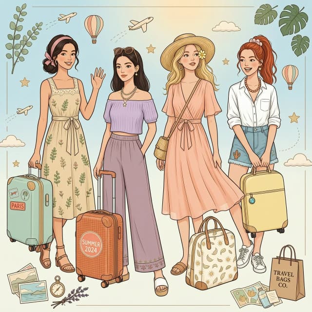 Четыре нарисованные мультяшные стильные модельные девушки в летней одежде (две темноволосые, светлая и рыжая) с чемоданами собрались в путешествие, цвета пастельные, нежные