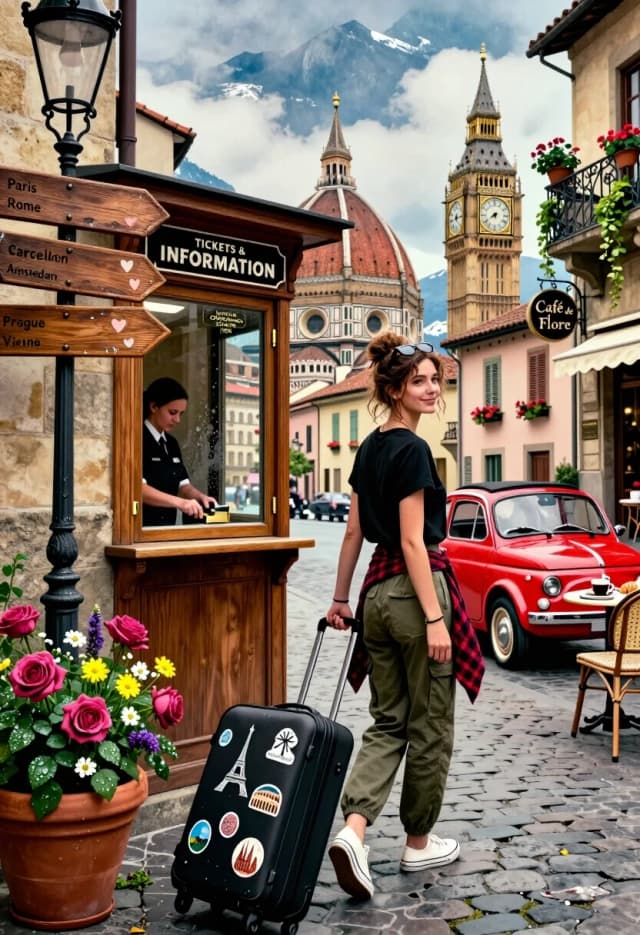 Photorealistic cinematic still, 8K resolution, hyper-realistic style with subtle watercolor washes at the edges and sky, preserving photographic detail in figures and textures.

Wide-angle low-angle shot on a cobblestone street in a European city, dynamic leading lines. Center-right: young woman walking away, glancing over her shoulder with a warm smile. Messy bun, loose wisps, sunglasses atop head. Wears cropped black t‑shirt, olive‑green cargo pants, white canvas sneakers, red‑and‑black plaid flannel tied around waist. Thin leather bracelet and small watch on left wrist. Pulls black hard‑shell rolling suitcase with travel stickers (Eiffel Tower, Colosseum, Sagrada Família, windmill, Prague Castle, St. Stephen’s, London Eye); stickers show wear, curled edges, micro‑dust.

Left foreground: vintage wooden directional signpost with arrow‑shaped boards for Paris, Rome, Barcelona, Amsterdam, Prague, Vienna; small hand‑painted hearts, dark‑stained wood with visible grain and chipped paint. Beside it: black wrought‑iron street lamp with glass globe and scrollwork. At base: large terracotta planter with deep pink roses, yellow daisies, white baby’s breath, purple statice; dewdrops on petals and leaves.

Center‑left: ticket office window in stone wall, polished oak frame, brass hinges, small transom; lower sash half‑open, uniformed cashier partially visible, mid‑gesture, holding ticket and brass puncher. Above: black enamel sign “TICKETS & INFORMATION” in white uppercase. Glass pane with faint reflections and condensation patterns. To the right: brass plaque “EUROPEAN CROSSROADS STATION 1928”.

Background: layered cityscape with iconic landmarks—Eiffel Tower with rivets and lattice detail, Florence Cathedral dome with terracotta tiles, glimpse of Big Ben (clock face 10:10). Behind them: snow‑capped mountains under partly cloudy sky.

Right side: street café with wrought‑iron balcony, trailing ivy, potted geraniums; round vintage sign “Café de Flore”. Outdoor seating with cane chairs, small table with espresso cup, croissant, folded newspaper. Midground: vintage red compact car (Fiat 500‑style) with chrome bumpers, whitewall tires, dusty windshield; pastel townhouses with shutters, flower boxes, tiled roofs.

Street details: irregular cobblestones, moss in crevices, wet patches with reflections; small debris (ticket stub, petal, brass button).

Lighting: warm golden hour sunlight from upper left, long soft shadows, highlights on metal, glass, wet stone; cooler sky fill, subtle lens flare top left.

Atmosphere: vibrant, joyful, nostalgic, evoking European travel romance. Focus sharp on woman, suitcase, ticket window; gentle blur on distant buildings. Textures: matte stone, glossy paint, brushed brass, woven fabric, weathered wood.

Camera: 35 mm equivalent, f/2.8, ISO 400, slight motion blur on hair and fabric, shallow depth of field.

Style: photorealism with mixed‑media aesthetic, historical and cultural accuracy, maximum texture, lighting realism, emotional warmth.