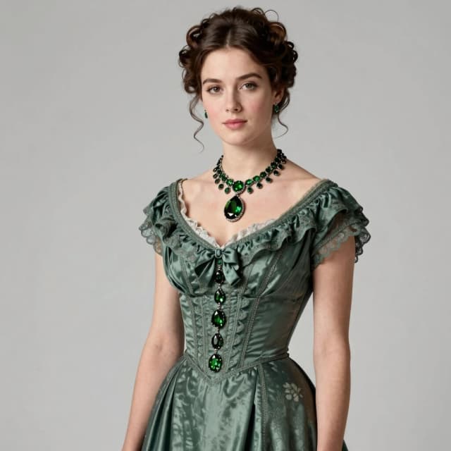 A beautiful woman in a dress, fashionable in 1861, with augite jewelry. She is positioned some distance from the camera, not looking at it. The background is clear, without blur. Style: fashion shoot