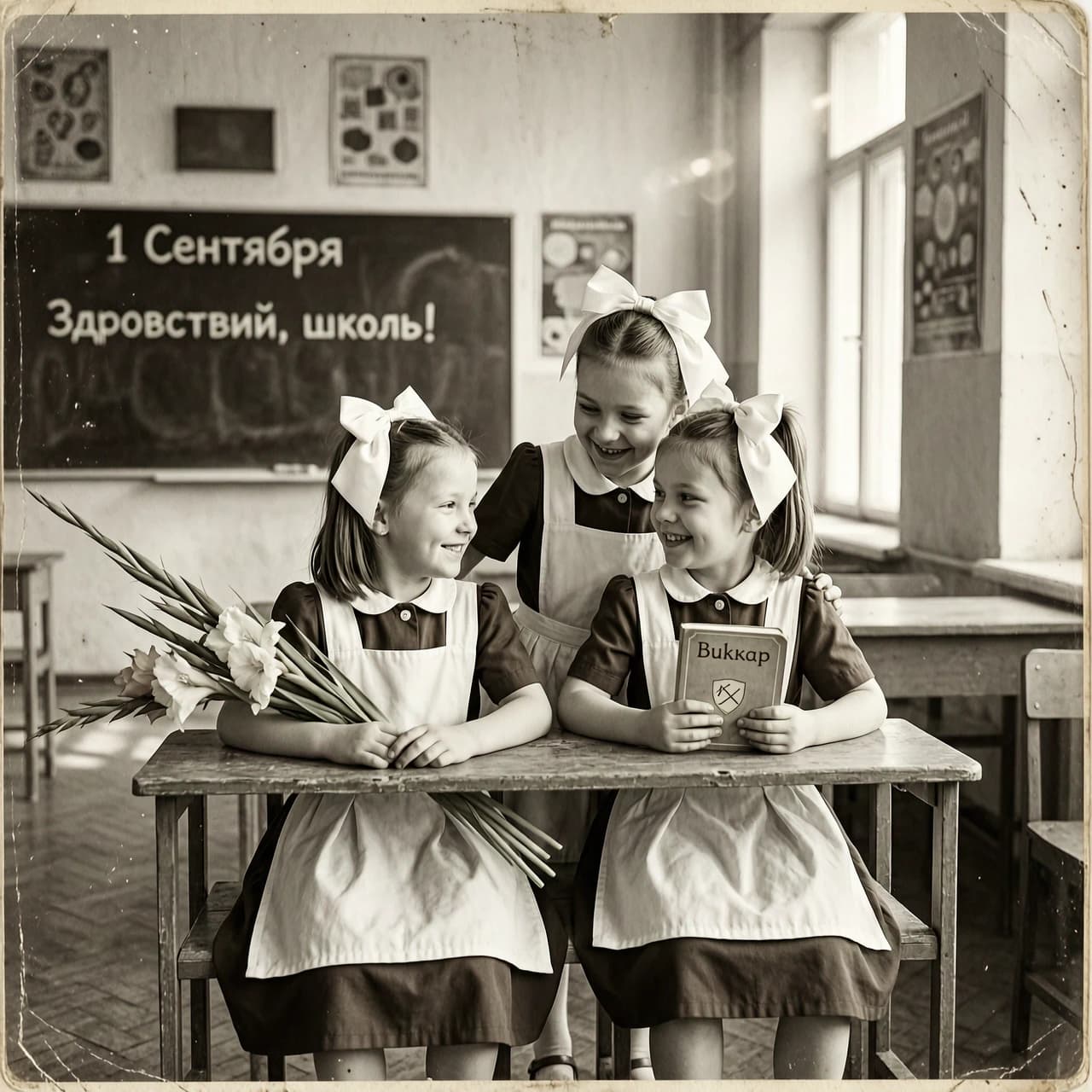 Square vintage black-and-white archival photograph, 1980s Soviet school classroom aesthetic. Medium shot, waist-up composition. The scene is filled with warm morning sunlight streaming through large windows, creating soft lens flares and a nostalgic atmosphere. The image features heavy film grain, slight motion blur, and subtle paper textures with vintage scratches and aged edges, mimicking a precious family heirloom photo.

In the foreground, two little girls are sitting at a worn wooden double desk. On the left, a first-grader in a classic brown school dress and a crisp white apron, wearing large white satin bows in her hair, holds a bouquet of gladioli; she is smiling warmly and looking towards her classmate. On the right, another first-grader in a matching brown dress and white apron, with large white bows, holds a "Bukvar" (alphabet primer), smiling back at her friend. 

Standing behind them, a third girl in a brown school dress, white apron, and white bows is leaning in, smiling joyfully and hugging her two friends from behind.

The background features a classic Soviet classroom: a dark brown wooden chalkboard with handwritten chalk lettering that reads "1 Сентября" and "Здравствуй, школа!", faded educational posters on the walls, and a cozy, nostalgic atmosphere. Soft focus on the background, high-quality analog photography style, cinematic lighting, incredibly detailed textures of wood and fabric, no logos.