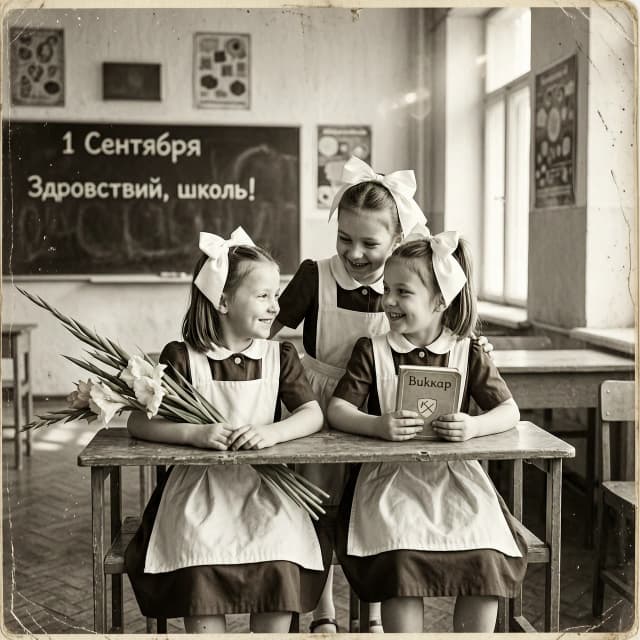 Square vintage black-and-white archival photograph, 1980s Soviet school classroom aesthetic. Medium shot, waist-up composition. The scene is filled with warm morning sunlight streaming through large windows, creating soft lens flares and a nostalgic atmosphere. The image features heavy film grain, slight motion blur, and subtle paper textures with vintage scratches and aged edges, mimicking a precious family heirloom photo.

In the foreground, two little girls are sitting at a worn wooden double desk. On the left, a first-grader in a classic brown school dress and a crisp white apron, wearing large white satin bows in her hair, holds a bouquet of gladioli; she is smiling warmly and looking towards her classmate. On the right, another first-grader in a matching brown dress and white apron, with large white bows, holds a "Bukvar" (alphabet primer), smiling back at her friend. 

Standing behind them, a third girl in a brown school dress, white apron, and white bows is leaning in, smiling joyfully and hugging her two friends from behind.

The background features a classic Soviet classroom: a dark brown wooden chalkboard with handwritten chalk lettering that reads "1 Сентября" and "Здравствуй, школа!", faded educational posters on the walls, and a cozy, nostalgic atmosphere. Soft focus on the background, high-quality analog photography style, cinematic lighting, incredibly detailed textures of wood and fabric, no logos.