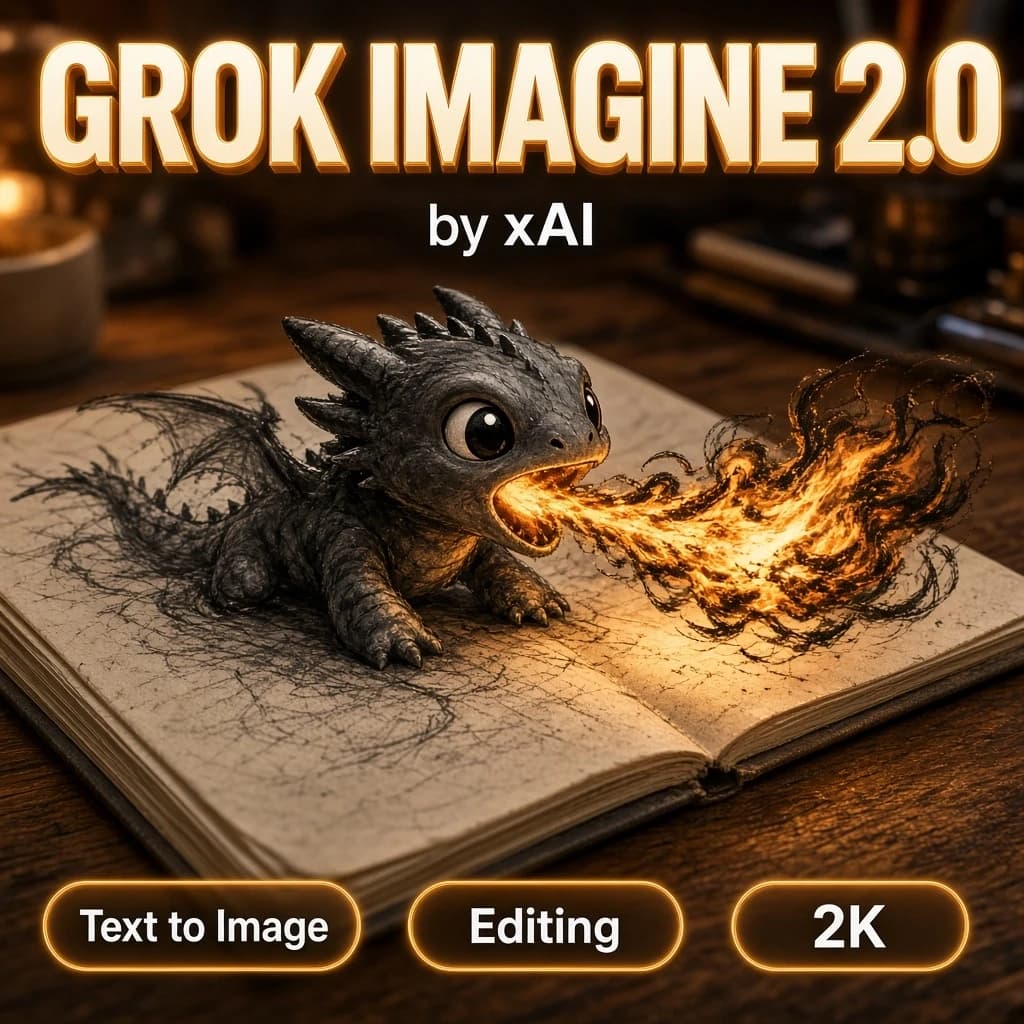 A highly detailed professional real-life photograph taken on a Sony A7R IV with a 50mm f/1.8 lens, showing a cosy cluttered wooden desk. A tiny adorable chibi dragon, hand-drawn directly onto the surface of a real paper notebook in a rough smudged charcoal pencil sketch style, has physically come to life: the flat 2D charcoal dragon has crawled partially off the page and from its open mouth bursts a stream of fire rendered in the same rough charcoal style, glowing with real warm light that spills across the paper and the desk. Over this artwork, as a clean square cover layout that fills the frame edge-to-edge with no border and no mockup: bold glowing modern 3D typography reading "GROK IMAGINE 2.0" across the top, crisp and perfectly legible, EXACTLY ONE line, appears only once, with a small clean tag "by xAI" directly beneath it, and along the bottom edge one row of three small rounded glowing badges labelled "Text to Image", "Editing", "2K". Nothing else is written anywhere in the image.