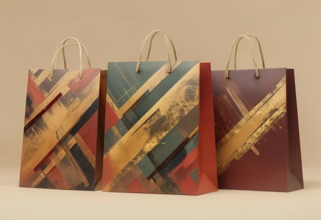 Three premium paper shopping bags standing side by side on a stark, matte light beige background with no gradient, white twisted rope handles, photorealistic product photography with harsh directional studio lighting, deep crisp shadows, and high contrast.

Left bag: muted clay terracotta and warm earth tones applied as sharp geometric blocks and angular diagonal stripes, overlaid with rigid metallic ribbons of liquid gold and liquid silver — but these are rendered as straight, hard-edged reflective inlays with glossy specular highlights and mirror-like reflections.

Center bag: burnt olive deep green and golden-olive tones, featuring a brutalist geometric composition of intersecting rectangles, zigzag lines, and faceted polygonal panels, with liquid gold and silver metallic accents shaped into precise angular strips.

Right bag: rich red mahogany and deep burgundy, with metallic gold and silver paint integrated as severe geometric chevrons, triangular inserts, and rectangular plates, all with a highly reflective, polished metal finish.

Overall arrangement: strictly symmetrical, equally spaced, with an uncompromising industrial elegance, emphasizing straight lines, sharp edges, and a rigid, sculptural presence.