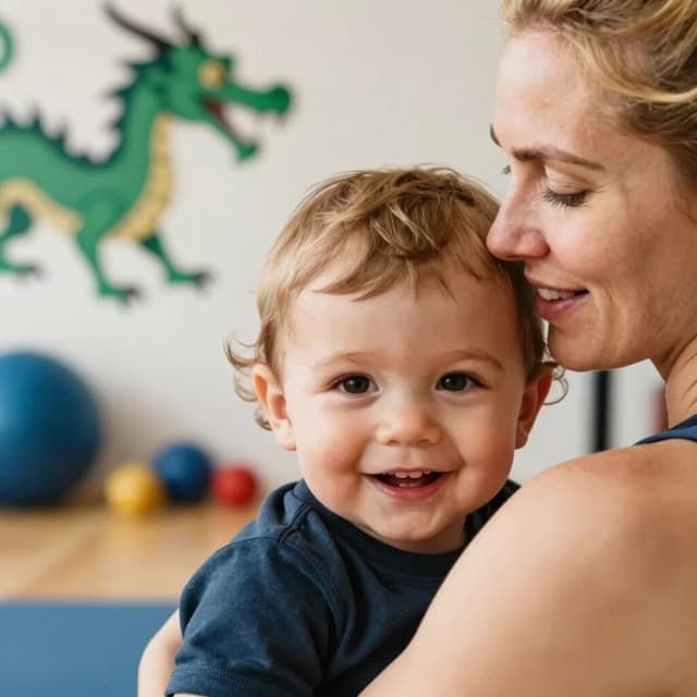 Close‑up: smiling face of a 2‑year‑old toddler with light brown hair, looking at the camera with curiosity. Next to him, the face of a Caucasian mom with blond hair, gently hugging the child. In the softly blurred background – a gym with a green dragon on the wall. Warm natural light, bokeh. Realistic photo, high quality, 4K. Warm, trusting atmosphere.