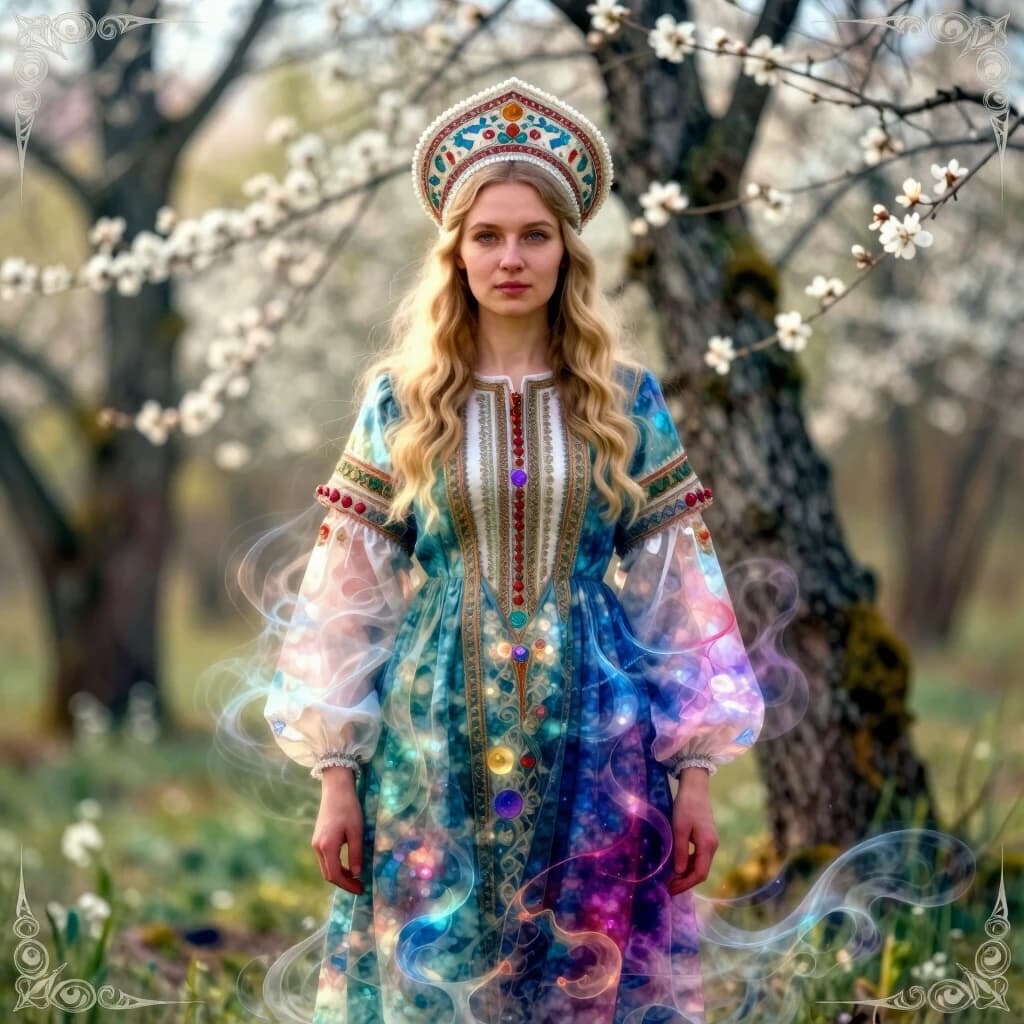 Russian Russians: A detailed portrait of a young woman of Slavic appearance from the 16th century in a traditional long Russian sundress and a traditional Russian cocoanut headdress, with blonde hair against the background of a spring blooming forest, in full growth. In the Glitter style: magical realism, natural symphony, shapes dissolve into color, lines flow like water, translucent layers with a watercolor texture, intricate ornaments at the corners of the composition.
High quality, 4k, octane, cinematic lighting, dramatic composition, eyes with increased detail, delicate skin texture, professional photography, depth of field, Leica camera, artstation trends, spectacular lighting, mystical atmosphere, detailed textures, volumetric lighting, works by Viktor Vasnetsov and Ivan Bilibin, gouache painting style, style Russian fairy tales, photorealism. An atmosphere of joy and serenity.