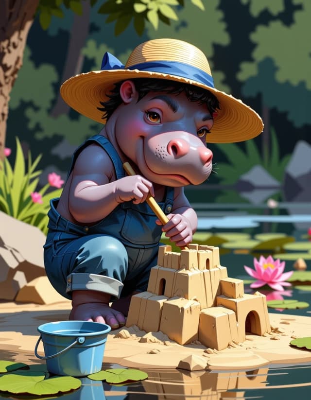 A masterpiece,  in the style of the 1980s, with bold lines, dynamic strokes and rich textures, on background with a touch of nostalgia, perhaps with subtle drawings inspired by cellulose and vintage, worn textures similar to paper, oil painting, Photorealistic scene of a baby hippopotamus wearing a straw boater hat with a navy ribbon and denim overalls, kneeling at a sandy lakeshore and carefully shaping an intricate sandcastle with turrets and archways; a small weathered blue metal bucket and matching shovel lie nearby in the wet sand. Golden-hour warm sunlight bathes the scene with soft rim light and gentle lens flare, casting natural reflections on the calm pond dotted with lily pads and a single pink water lily. Background of blurred wildflowers, rocks and leafy trees with creamy bokeh and subtle volumetric light. Emphasize tactile detail: moist wrinkled hippo skin, tiny whiskers, straw hat weave, denim texture, individual sand grains, wet sand clinging to hands. Low-angle, eye-level composition, intimate and whimsical mood, shallow depth of field, 35mm equivalent, wide aperture for soft background, high-resolution, filmic color grading with warm highlights, balanced midtones, realistic lighting and shadows, photoreal clarity, charming and playful atmosphere. celshading, simple background