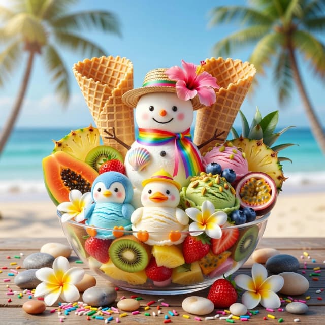 A vibrant, photorealistic 3D render of a tropical dessert in a clear glass bowl on a wooden table with a beach background. In the center stands a cute, round snowman wearing a straw hat decorated with a pink hibiscus flower, a rainbow ribbon, and a seashell. Behind the snowman are two large waffle cones. The bowl is filled with ice cream scoops: a blue one shaped like a cute little penguin, a white one with a duck beak and a tiny yellow hat, a pink scoop, and a green pistachio scoop topped with nuts and blueberries. Surrounding the ice cream are fresh tropical fruits: papaya, pineapple slices, kiwi, strawberries, passion fruit, and plumeria flowers. Scattered on the wooden surface are colorful sprinkles and smooth beach pebbles. The background features a blurred tropical beach with palm trees, bright blue sky, and ocean. Style: whimsical, summer vibes, hyper-detailed, bright sunny lighting, tropical paradise, 8k resolution, cinematic composition.
