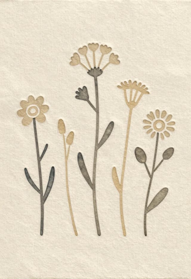 Beige linen background with a dense, well‑defined texture of watercolour paper. Like a logo or a tattoo. Beige on beige. An expressive embossing effect. An image in the style of Marimekko Unikko prints. Six stems with different wildflowers. The stems are at the same level. Minimalism, primitivism, naivety. Everything is done using embossing. Light colouring. With elements of Art Nouveau and Art Deco. Relief.