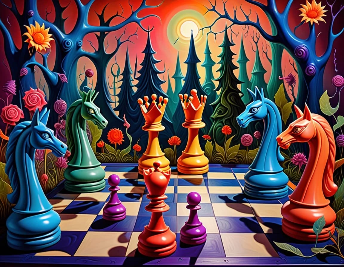 A surreal chessboard scene where the chess pieces transform into unusual creatures and surreal people, in the style of Agnès Boulloche and Leonora Carrington. Bright, saturated colors and abstract shapes create an atmosphere of dream and fantasy. Natural elements like flowers and trees interact with the chess pieces, creating a sense of a magical world. The lighting is soft and mysterious.