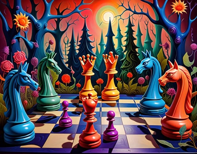 A surreal chessboard scene where the chess pieces transform into unusual creatures and surreal people, in the style of Agnès Boulloche and Leonora Carrington. Bright, saturated colors and abstract shapes create an atmosphere of dream and fantasy. Natural elements like flowers and trees interact with the chess pieces, creating a sense of a magical world. The lighting is soft and mysterious.
