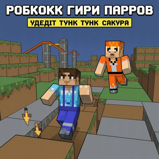 Create a Roblox game image for a parkour game. The image should feature a Roblox player character running away from Tung Tung Sahur.
