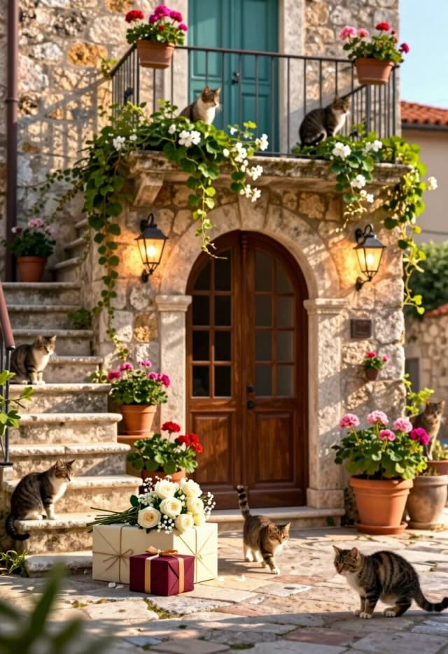 Photorealistic cinematic shot, 8K resolution, hyper-realistic style with a warm Mediterranean atmosphere—a charming stone house rendered with tangible textures and natural lighting.

Composition: a picturesque two-story stone building with a terracotta-tiled roof, centered in a tight medium shot. The facade features weathered beige stone blocks with visible mortar lines, subtle moss patches, and gentle aging. The arched main doorway frames a dark wooden door with a grid of small panes; to the left, a narrow staircase of rough-cut limestone steps leads up to a secondary teal-painted door.

Lush greenery and flowering plants are abundant: climbing vines drape over the balcony railing and archway, spilling cascades of ivy and small white blossoms; terracotta pots hold vibrant geraniums in shades of pink, red, and magenta; smaller planters line the steps and balcony, each with delicate trailing foliage and clusters of blooms. Vintage-style wrought-iron lanterns with warm glowing bulbs hang on either side of the main door, casting soft pools of light on the stone.

Additions for the scene:

Several cats (at least five) in various poses: one sitting regally on the top step, another curled on the balcony railing, a third peeking from behind a potted shrub, a fourth walking across the cobblestones near the door, and a fifth grooming itself beside a planter—each rendered with realistic fur texture, whiskers, and expressive eyes.
Two gift boxes near the main door: one medium-sized rectangular box wrapped in matte cream paper with a simple twine bow, and a smaller square box in deep burgundy with a gold ribbon; both show subtle creases and realistic paper texture.
A loose bouquet of белых роз flowers resting atop the medium-sized cream gift box: a casual arrangement of peonies, roses, and baby’s breath with slightly drooping stems and a few scattered petals, as if gently placed there moments ago.
Lighting: warm golden sunlight from a low afternoon angle, creating long soft shadows, highlighting the stone’s grain, the glossy leaves, and the cats’ fur. Subtle lens flare and a shallow depth of field keep the doorway and immediate foreground sharp while gently blurring the upper balcony and background.

Atmosphere: serene, inviting, and slightly nostalgic—a quiet moment in a sun-drenched courtyard where life unfolds naturally.

Focus: sharp on the door, the gift boxes, the bouquet atop the box, and the nearest cat; gradual soft blur toward the upper levels of the house.

Camera settings: 50mm equivalent lens, f/2.8, ISO 400, minimal motion blur, high micro-contrast to emphasize every stone edge, leaf vein, and whisker.

Style: photorealism with a painterly warmth—the textures and lighting feel like a masterful oil painting brought to life, yet every detail remains grounded in physical reality.