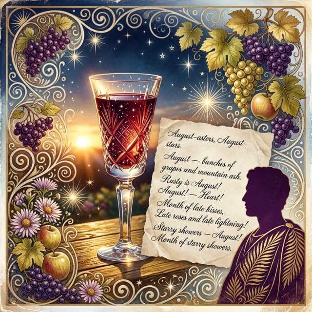 ((Promotional postcard 1,7)) (Greeting card background 1,6) : Blue-white, golden brown, golden white, golden blue. (Decorated with vegetable curls, spirals, vignettes of berries and grape leaves.  "August-asters, August- stars."     )). (August — bunches
From grapes and mountain ash1,5) 
Rusty is August!
 August! — Heart!
(Month of late kisses,
Late roses and late lightning!1,4) 
Starry showers — August! — Month
Starry showers)   ( (Colors):golden, white, green, white‑green, yellow‑golden, silver, pink‑golden, silver‑white, pink‑lilac, white‑pink, silver‑platinum. (Style):art fantasy, shabby chic, poster, advertising, art design, retro design, summer night, romance, close‑up, double exposure, high quality, gradient, elegance, star outlines, glamour, splendor, luxury, celebration. ((A tall crystal glass with a sweet liqueur. The drink sparkles in the rays of the setting sun and the first stars appearing on the darkening velvet of the night. Next to the glass is a note with lines of poetry and a male profile dressed in a purple toga embroidered with golden palm leaves)). (Colors): golden, white, green, white‑green, yellow‑golden, silver, pink‑golden, silver‑white, pink‑lilac, white‑pink, silver‑platinum. (Style):art fantasy, shabby chic, poster, advertising, art design, retro design, modernism, magical realism, metaphorism, poetry, postcard, landscape, sonnet, elegy, romance, the last month of summer, night sky, starfall, apples, double exposure, tenderness, dates, silhouette in the morning fog, summer night, romance, close‑up, high quality, gradient, elegance, the radiance and brilliance of crystal in which the stars are reflected.