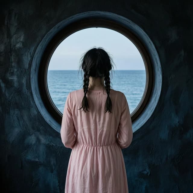 Темный, черный и темно-синий фон. Девушка стоит спиной к зрителю, с двумя чуть растрепанными темными косами, в абстрактном светло-розовом платье, рук не видно. Голова чуть наклонена, как будто она сомневается или сожалеет. Лица не видно, лишь немного угадывается.  Перед ней круглое окно, в котором спокойное море.