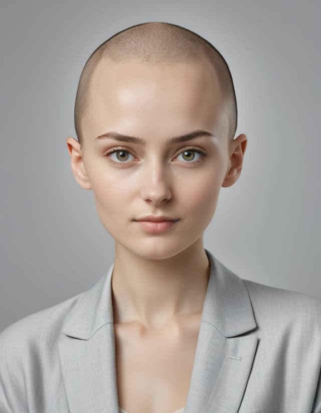 A hyper-realistic high-end editorial portrait of a stunning 22-year-old Russian woman with distinct Eastern European features. She is completely bald, showcasing a flawless, sculptural head shape with an oval face, high forehead, and graceful, prominent cheekbones. Her expression is composed, aristocratic, and radiates a calm, quiet confidence. Her expressive gray-blue eyes are framed by natural light brown eyebrows, and her lips, in a soft pink-beige hue, carry a subtle, refined smile. The skin texture is incredibly detailed, revealing natural pores and a healthy, dewy glow without any artificial smoothing. She possesses a long-necked elegance, wearing a minimalist premium white silk top that suggests understated luxury. The composition is a tight, sophisticated headshot against a seamless light gray studio background. Lighting is soft-box professional studio style, creating gentle chiaroscuro that defines her facial structure and adds depth to her features. Shot on 85mm lens, f/2.8, capturing extreme detail, neutral white balance, and a clean, high-fashion aesthetic characteristic of Vogue or Harper's Bazaar photography.