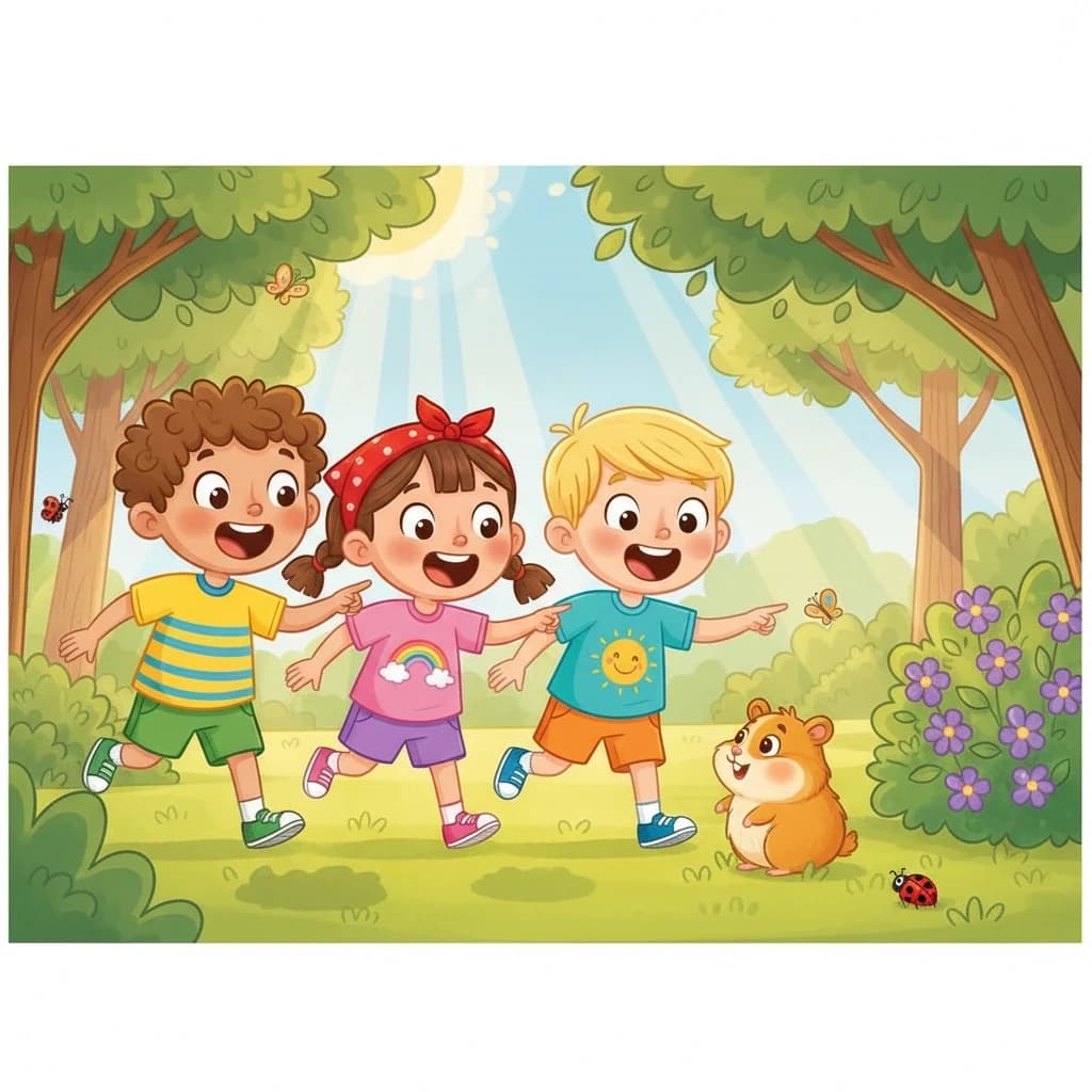 A group of 3 kids (two boys and a girl) wearing colorful t-shirts are walking in a sunny park. They suddenly spot a tiny brown hamster sitting near a bush. The kids look surprised and happy. Style: children's cartoon illustration, bright colors, soft shadows. --ar 3:2