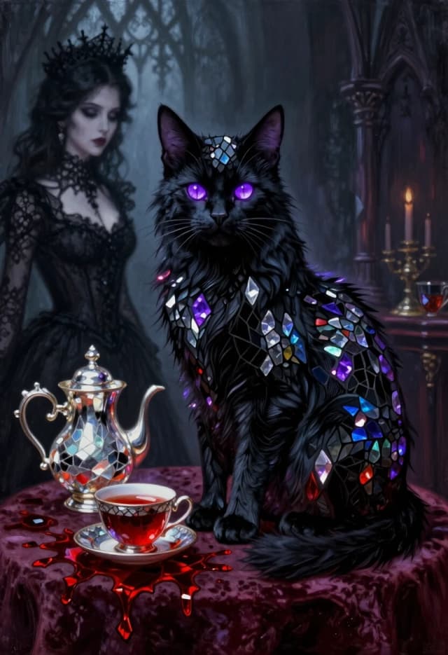 Luminous Crystal Mosaic Style. A cinematic shot of a majestic black gothic cat with glowing violet eyes, sitting gracefully on a velvet table next to a silver tea set. In the background, the blurred silhouette of a gothic woman in black lace. Blood-red tea spills slightly from a cup, creating a crystalline ruby pattern on the table. The scene is rendered in a fusion of luminous crystal mosaic and layered oil painting strokes. Deep shadows, shimmering highlights, mystical aura. Intricate detail on the cat's fur and the mosaic glass textures, dark fantasy aesthetic, ethereal lighting.