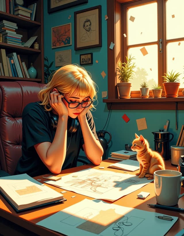 A masterpiece,  in the style of the 1980s, with bold lines, dynamic strokes and rich textures, on background with a touch of nostalgia, perhaps with subtle drawings inspired by cellulose and vintage, worn textures similar to paper, oil painting, High‑quality photorealistic airbrush: a tired creative blonde woman in a cluttered studio, seated in a chair with elbows on her knees and head in her hands, she gazes at a small kitten, and the kitten is looking at her, sitting opposite on the desk — pondering “maybe it’s time to rest”; messy hair, sun‑kissed skin,  cat‑eye glasses on her nose; surroundings — unfinished sketches, graphic tablet,  scattered sheets, headphones around her neck, a mug; warm soft key light from the window, cool fill light, delicate rim light along hair edges, soft dust rays; airbrush style: smooth painterly gradients, fine airbrush strokes, soft highlights, implied fabric and paper texture; composition — mid shot, three‑quarter view, slight low angle, shallow depth of field, focus on the woman’s and kitten’s gazes, slight motion of a falling sheet for dynamism; restrained warm‑cool palette, editorial airbrush finish, atmospheric and intimate