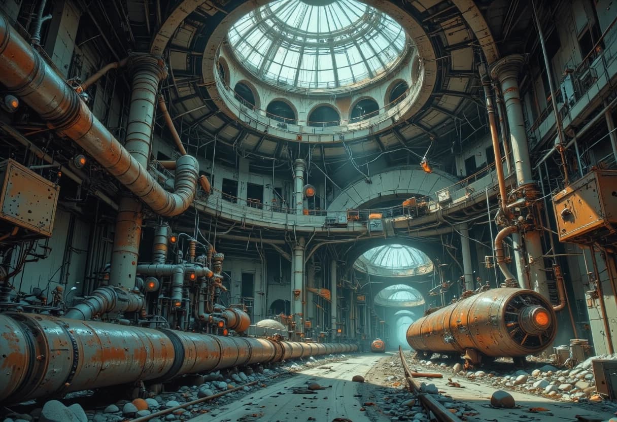 Cinematic shot of a vast, circular abandoned underground bunker, high crumbling concrete walls with exposed rebar, decaying industrial atmosphere. The composition features a low-angle perspective emphasizing the immense scale and depth of the cavernous room. Intricate network of rusted iron trusses and heavy support beams crisscrossing the ceiling. Scattered throughout the space are large, weathered steel capsules and complex, decaying metallic structures covered in thick layers of rust and oxidation. A chaotic labyrinth of tangled pipes, heavy industrial blocks, and antique transformer boxes lit by dim, flickering light filtering through dust motes. Mood is eerie, desolate, and post-apocalyptic. Hyper-realistic textures, gritty industrial aesthetic, dramatic chiaroscuro lighting with deep shadows and volumetric fog, shot on 35mm film, highly detailed mechanical debris, 8k resolution, masterpiece.