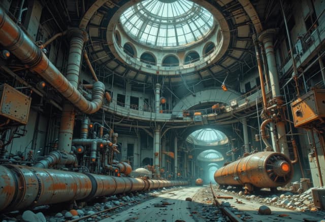 Cinematic shot of a vast, circular abandoned underground bunker, high crumbling concrete walls with exposed rebar, decaying industrial atmosphere. The composition features a low-angle perspective emphasizing the immense scale and depth of the cavernous room. Intricate network of rusted iron trusses and heavy support beams crisscrossing the ceiling. Scattered throughout the space are large, weathered steel capsules and complex, decaying metallic structures covered in thick layers of rust and oxidation. A chaotic labyrinth of tangled pipes, heavy industrial blocks, and antique transformer boxes lit by dim, flickering light filtering through dust motes. Mood is eerie, desolate, and post-apocalyptic. Hyper-realistic textures, gritty industrial aesthetic, dramatic chiaroscuro lighting with deep shadows and volumetric fog, shot on 35mm film, highly detailed mechanical debris, 8k resolution, masterpiece.