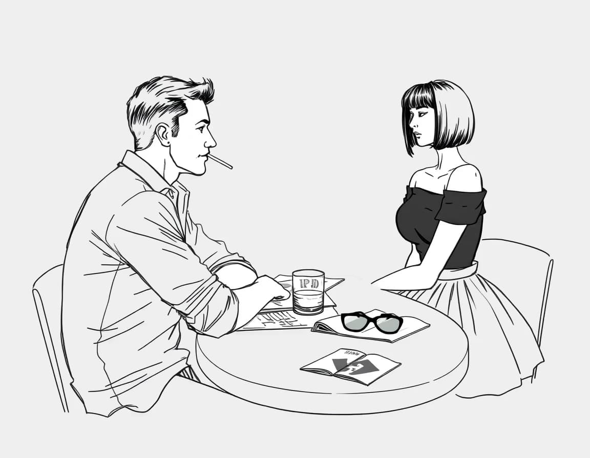 A gray background, a sketchy outline with thin, transparent lines. A very handsome 30-year-old Slavic man, wearing a khaki shirt with rolled-up sleeves, sits at a table in the bar, seen from the side. On the table are a newspaper, a glass of whiskey, and an ashtray with a cigarette. Across from him sits a very beautiful young woman, resembling 23-year-old Megan Fox, with dark hair cut into a bob with bangs, wearing a very fashionable short, full skirt and a black, off-the-shoulder, three-quarter-length sleeve top. She's smoking a thin cigarette. On the table in front of her lies a fashion magazine, topped with a pair of stylish sunglasses. The man and woman look at each other. Vicente Romero Redondo, Lee Bogle, Konstantin Razumov, Harrison Fisher.