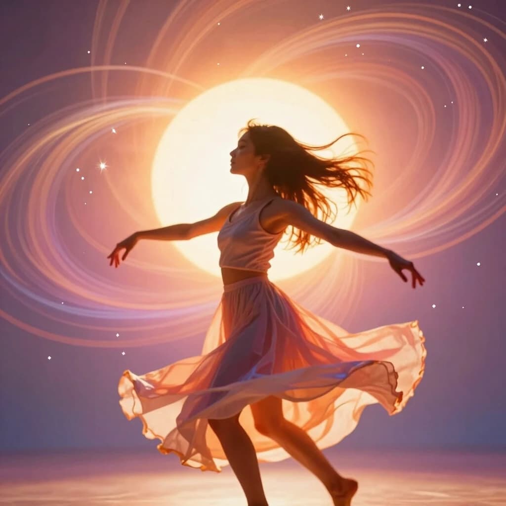 Dolly in towards the dancer, then slow rack focus to the background. The dancer's hair and dress swirl dynamically, her arms flow with grace. The sun pulses with radiant energy, emitting subtle light waves. Swirling patterns in the background animate with a gentle, mesmerizing flow. Small sparkles drift from the sun. The lighting intensifies, shifting through warm, vibrant hues, casting a magical glow. The overall mood is one of ecstatic, vibrant energy.