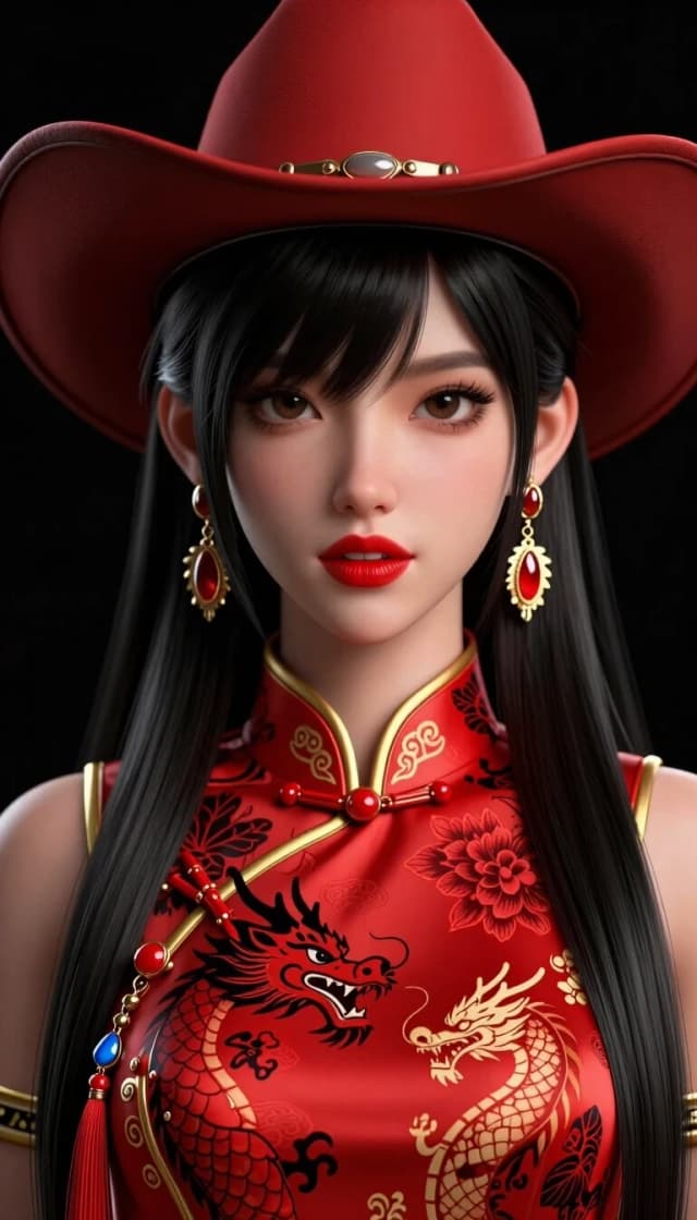 ultra realistic,masterpiece,high detailed skin,best quality,high res,highly detailed costumes,(finely detailed face),(no mask:1.1),
(high_contrast:1.3),ultra-sharp details, crisp edges, high definition, sharp focus, no blur, intricate texture clarity,3D rendering, photorealistic 3D, Blender render, Cinema 4D style, 3D model, volumetric lighting,
1girl, solo, cowboy shot, front facing, long hair, looking at viewer, bangs,  black hair, brown eyes, jewellery, upper body, earrings, parted lips, teeth, hair over one eye, lips, eyelashes, makeup, swept bangs, animal, chinese clothes, floral print, red dress, lipstick, black background, gem, tassel, portrait, china dress, dragon, red lips, chinese zodiac, eastern dragon,