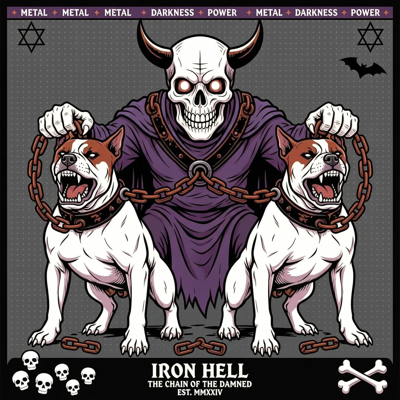 Vector art, flat design with strong black outlines, style inspired by Iron Maiden album art. A demonic figure with skeletal features and glowing eyes holds two aggressive pitbulls by heavy metal chains. Pitbulls are muscular, with cropped ears and snarling expressions. Chains are thick, rusty, with visible links. Background is minimal, dark grey with subtle texture. Color palette: black, deep red, rust, bone white, dark purple. No gradients, use solid colors and hatching for shading.