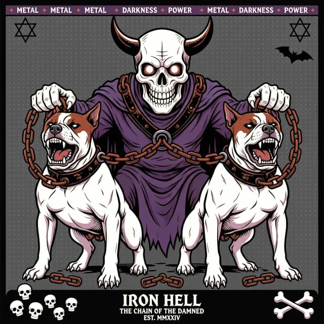 Vector art, flat design with strong black outlines, style inspired by Iron Maiden album art. A demonic figure with skeletal features and glowing eyes holds two aggressive pitbulls by heavy metal chains. Pitbulls are muscular, with cropped ears and snarling expressions. Chains are thick, rusty, with visible links. Background is minimal, dark grey with subtle texture. Color palette: black, deep red, rust, bone white, dark purple. No gradients, use solid colors and hatching for shading.