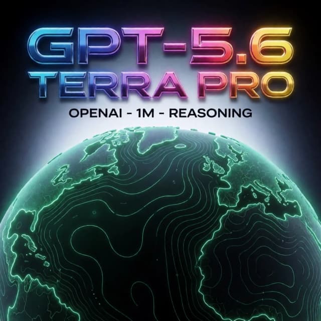 Premium app cover poster, 1:1 square composition, clean and uncluttered, flat front view with no perspective distortion. Huge bold title text "GPT-5.6 TERRA PRO" laid out FLAT and HORIZONTAL across the TOP of the frame, facing the viewer straight on, never tilted or in perspective, in modern geometric sans-serif, glossy chrome with a vivid colour gradient, razor-sharp edges, perfectly legible, spanning about 85 percent of the width, with a soft neon glow and drop shadow. Directly beneath it one thin clean subtitle line "OPENAI - 1M - REASONING" in crisp minimalist uppercase letters, perfectly readable. Filling the lower two thirds: a glowing topographic globe of thin emerald contour lines rotating in dark space, subtle grid, premium sci-fi look. Cinematic colour grading, hyper-detailed, sharp focus on the text, flagship poster quality, no extra words or labels.