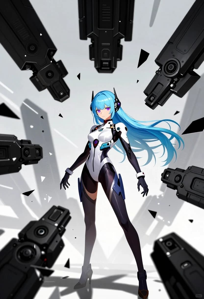 (lacia beatless:1.3), beatless, 1girl, solo, android, long light blue hair, blunt bangs, purple eyes, expressionless, wearing futuristic white and black hIE bodysuit, armor plates, black mechanical hair ornaments, surrounded by floating huge black mechanical weapon parts Black Monolith, shattered glass shards effect, abstract cyber background, dynamic action pose, cinematic lighting, masterpiece, high quality anime, digital art, illustration by redjuice, smartphone wallpaper