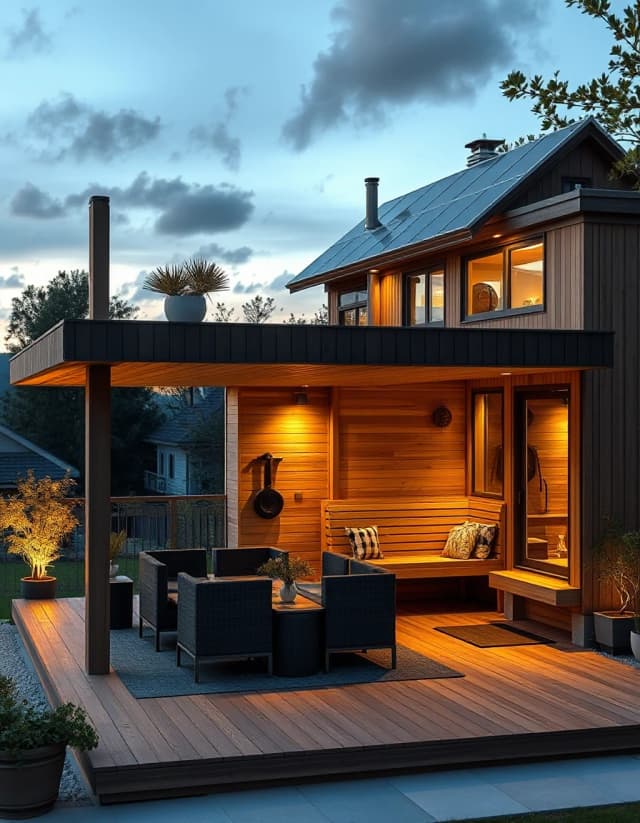 Vertical architectural design, luxury frame sauna with integrated large lounge terrace and BBQ area, solar panels on the roof, beautiful evening illumination, high detail.