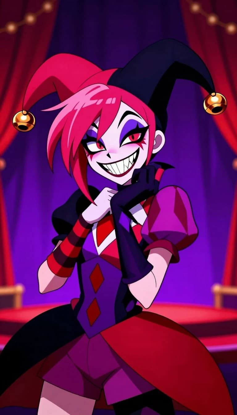 2D digital anime art style, a chaotic female jester character from "The Freak Circus", sharp mischievous grin with pointy teeth, asymmetric vibrant hair, wearing a flamboyant circus performer outfit, mismatched gloves, stripes and diamond patterns, dark gothic jester hat with small bells. High contrast lighting, bold line art, yandere eyes, theatrical dark carnival background with purple and crimson lights, stylized visual novel character sheet.