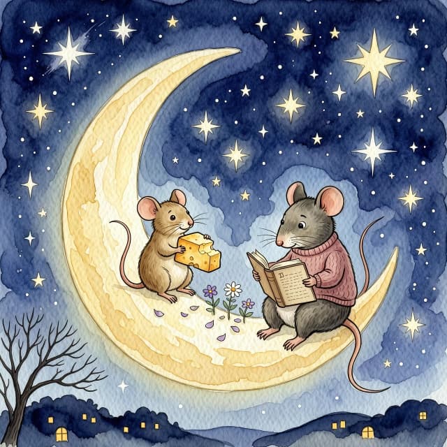 Иллюстрация к детской книге в технике многослойной акварели на фактурной бумаге с текстурой яичной скорлупы.   На переднем плане — сказочный лунный пейзаж. На тонком серпе месяца уютно расположились два персонажа: маленький мышонок с кусочком сыра и большая мышь с книгой в лапах. Мышонок сидит, примостившись на краю месяца, и наслаждается сыром. Большая мышь вдумчиво листает книгу, создавая атмосферу совместного времяпрепровождения.  Волшебное, безмятежное настроение. Сказочный ночной покой. Мягкое, рассеянное освещение. Мерцающие звёзды на тёмном небе. Лёгкая дымка вокруг персонажей. Стиль вдохновлён эстетикой советских диафильмов. Характерная для работ Виктора Чижикова тонкая проработка деталей. Выразительные силуэты персонажей. Детальная проработка теней и светотени. Тёплые оттенки в сочетании с глубокими ночными тонами. Высокое качество изображения (4K).