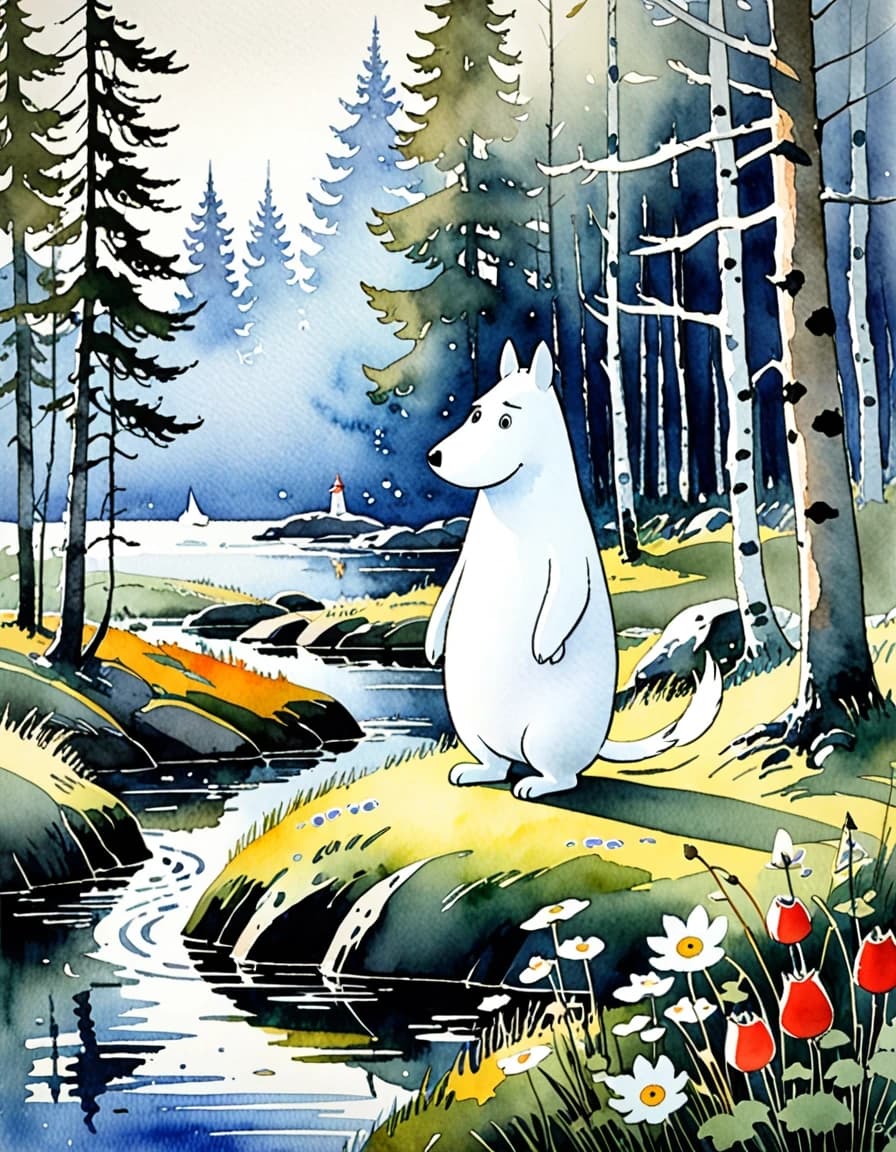 A masterpiece. Style: watercolour. (Image. Moomin.):1.8. High quality. High resolution. Increased attention to fine details and texture. Artist: Sergey Andriyaka.