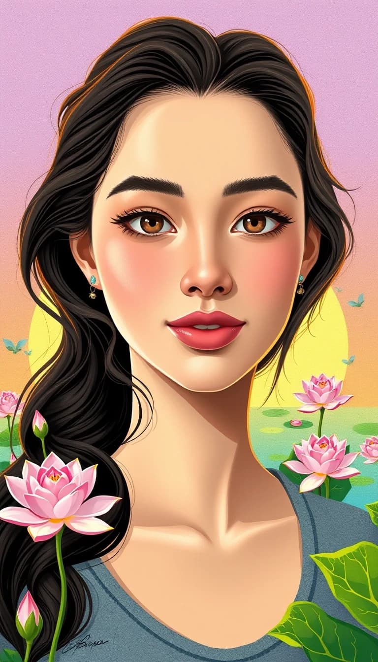a young woman of the Caucasian type with bright, expressive facial expressions and expressive facial features. The face is rounded, with soft contours and noticeable, but not sharp, cheekbones; the shape gives the face a benevolent appearance, with a medium-height forehead that is smooth and without deep wrinkles; the hairline is smooth and framed by light strands. The eyebrows are neat and arched, with a medium width, emphasizing the emotional nature of the gaze. The eyes are large and almond-shaped, with an open and lively expression. straight nose, with a thin back and a neat tip; medium-full lips, curved in a wide smile; the outline is clear, the smile is open. fair skin, with an even tone and a natural blush; dark brown hair, wavy, and styled loosely; some of the strands frame the face, while others are gathered in a light, semi-collected hairstyle.
A masterpiece,  in the style of the 1980s, with bold lines, dynamic strokes and rich textures, on background with a touch of nostalgia, perhaps with subtle drawings inspired by cellulose and vintage, worn textures similar to paper,oil painting, woman standing by a lily pond, soft sunrise lighting, impressionist oil painting style, visible delicate brushstrokes, luminous water reflections, misty atmospheric depth, Claude Monet inspired color palette of lavender and pale green, painterly and dreamy