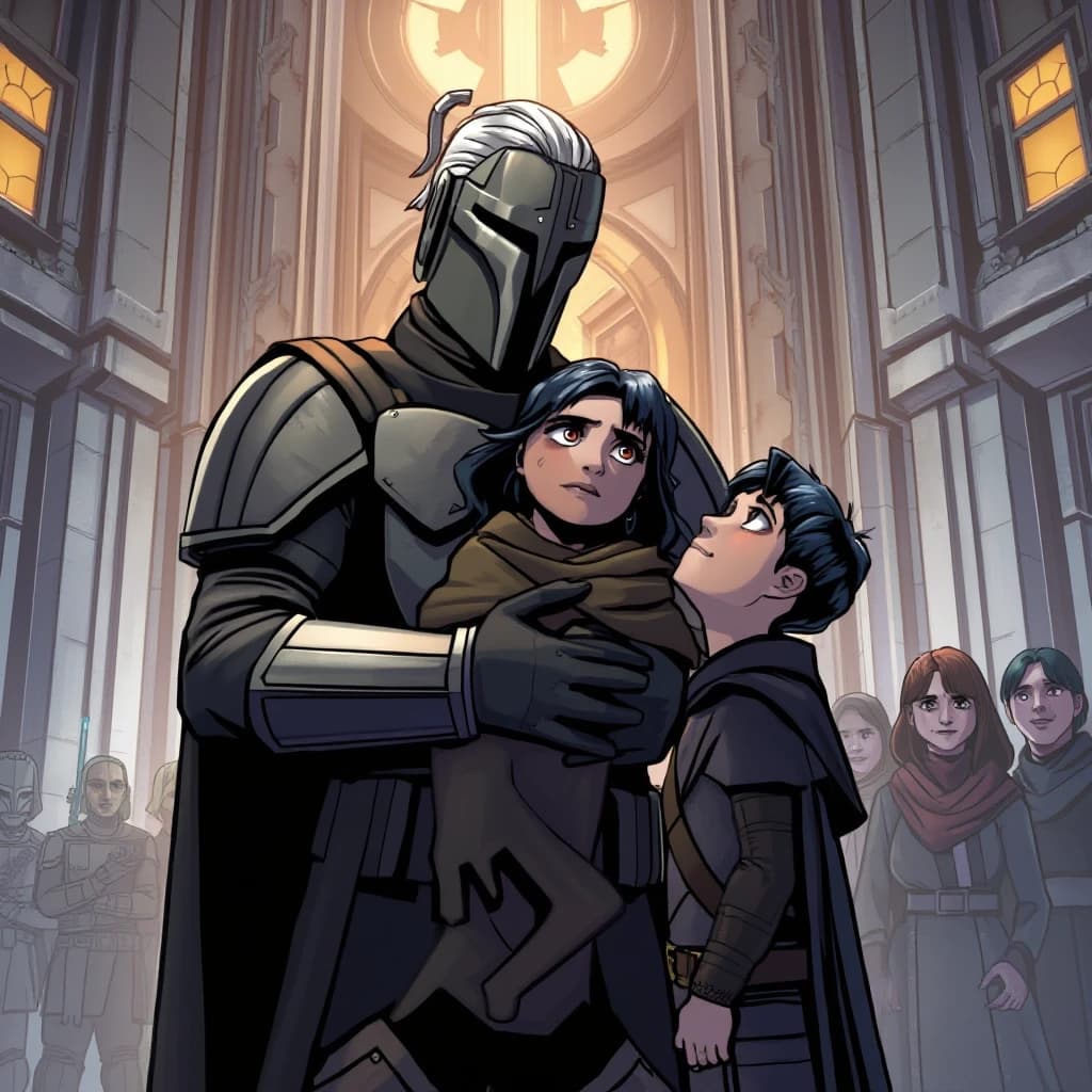 A deeply emotional graphic novel art from Star Wars rebels. Inside the grand metallic hall of Clan Wren fortress. A tall, strong Mandalorian father with grey-streaked hair (Alrich Wren) is gently carrying his teenage daughter (Sabine Wren) in his arms like a treasure, handing her over to a young boy with blue-black hair (Ezra Bridger). Ezra is looking up with wide, shocked, and tearfully happy eyes, ready to receive her. In the background, the fierce mother (Ursa Wren) stands next to her husband, nodding with approval, while a group of rebel friends watch with emotional smiles. Soft warm hearth lighting, high contrast, dramatic storytelling layout, clean detailed linework, Star Wars universe.