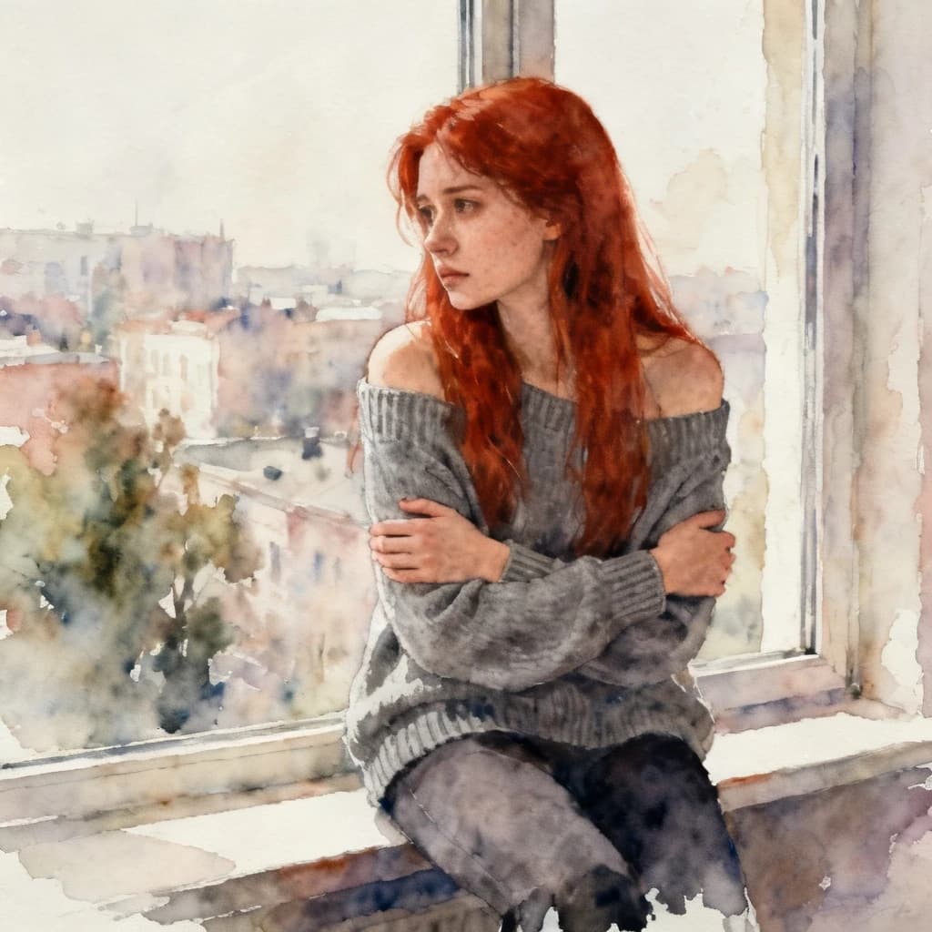 The image is a portrait of a young woman with long red hair. She is sitting on a window sill, looking out with a thoughtful expression on her face. The woman is wearing a gray off-the-shoulder sweater and her arms are crossed over her chest. The background is blurred, but it appears to be a cityscape with buildings and trees. The overall mood of the image is somber and contemplative. The image has a watercolor-like quality, giving it a soft and dreamy feel.