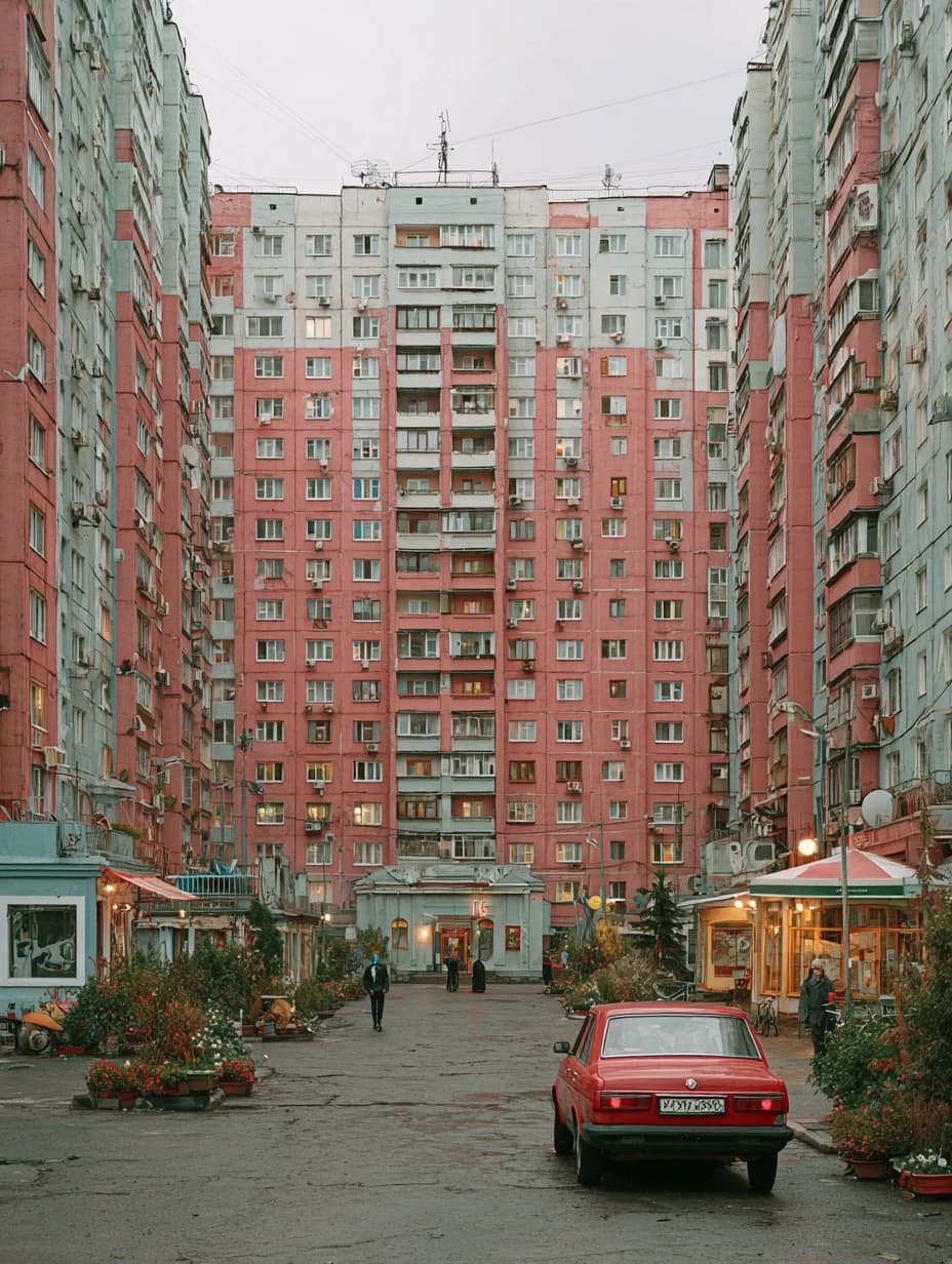 photos of the post-Soviet aesthetics of Russian courtyards and people with their everyday life in the styles of McBling, Waporwave, Wes Anderson chic, Andersonesque Popart --ar 3:4 --v 7.0 --s 250