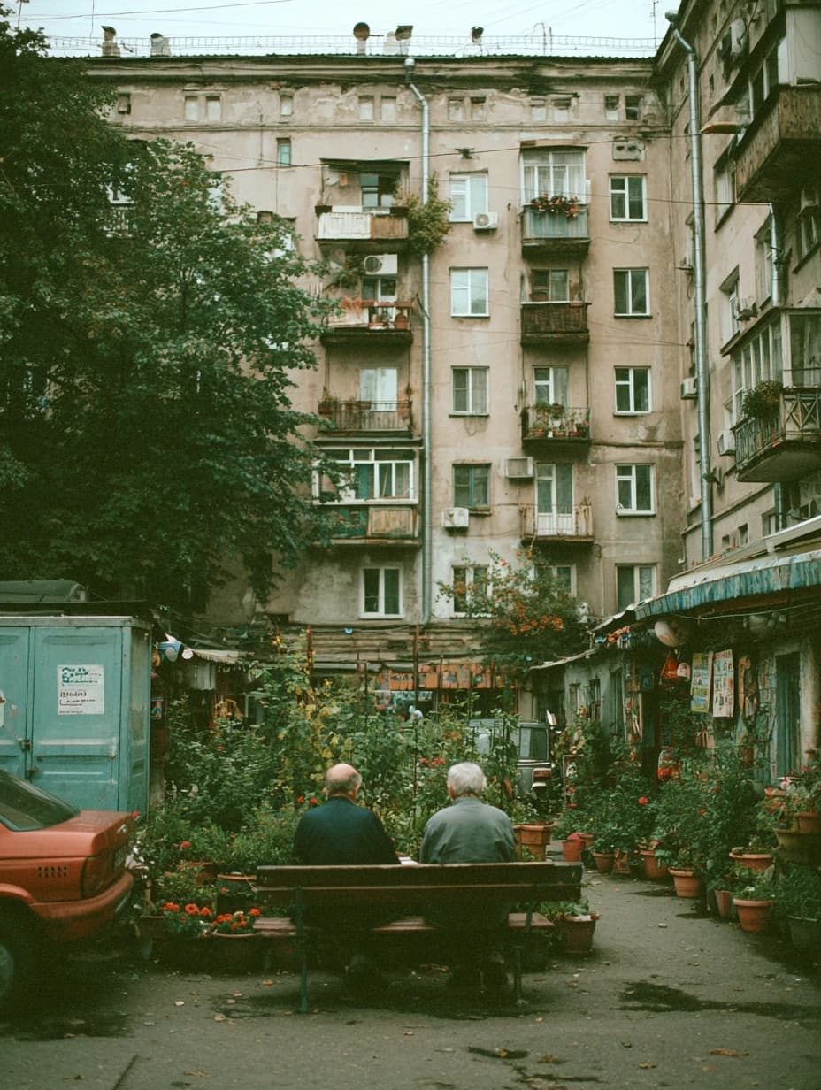 photos of the post-Soviet aesthetics of Russian courtyards and people with their everyday life in the styles of McBling, Waporwave, Wes Anderson chic, Andersonesque Popart --ar 3:4 --v 7.0 --s 250