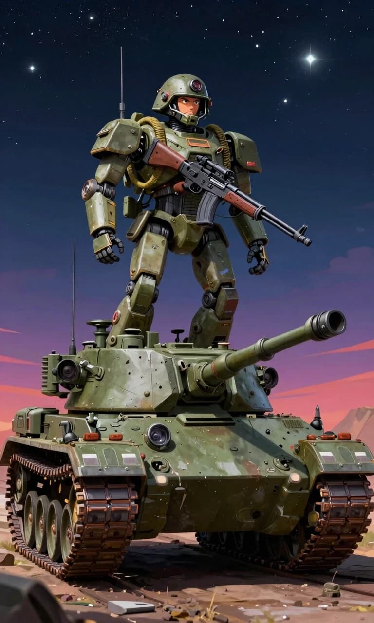 Walking tank with a man on top in a helmet, soldier on top, weapon, kun, helmet, robot, military, mecha, rifle, walking tank, starry sky, colorful, dieselpunk
