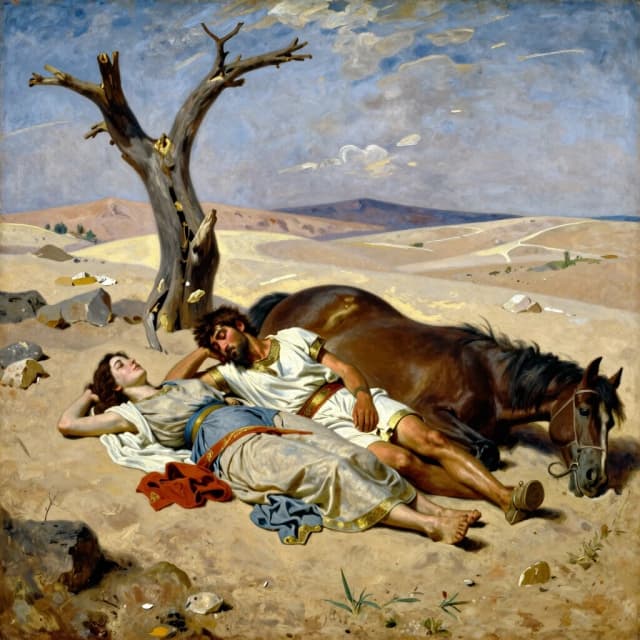 Oil painting, ancient times, Greece a young man of 20 years old and a girl of 18 years old, lying unconscious on the sand,  next to a dried tree and a fallen horse, around the desert, style Vasily Vereshchagin