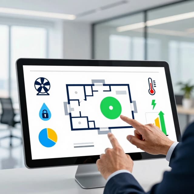 Close-up of a manager's hands interacting with a large touchscreen dashboard displaying a smart building floor plan. Surrounding the plan are clean minimalist icons: a fan (ventilation), a thermometer (temperature), a water drop (plumbing), a security lock, and a lightning bolt (electricity). Colorful pie charts and upward trend graphs indicate energy efficiency. The background is a blurred modern office interior. Style: professional corporate technology, flat design with subtle 3D elements, color palette of white, blue, and bright green accents, high contrast, photorealistic, 4k, advertising composition with copy space at the top. --ar 16:9