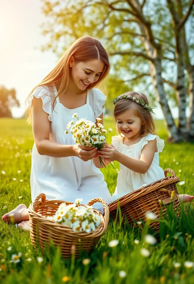A young mother and her little daughter are weaving a flower crown from wild daisies together in a sunny summer meadow. The mother gently shows the little girl how to intertwine the delicate flower stems. A wicker basket filled with daisies lies beside them. The little girl is laughing while tiny butterflies flutter around them. Both wear light white summer dresses. Green meadow, old birch trees and a warm blue sky in the background. Heartwarming family scene, love, tenderness, childhood joy and summer idyll. Photorealistic, cinematic lighting, highly detailed, vertical greeting-card composition.