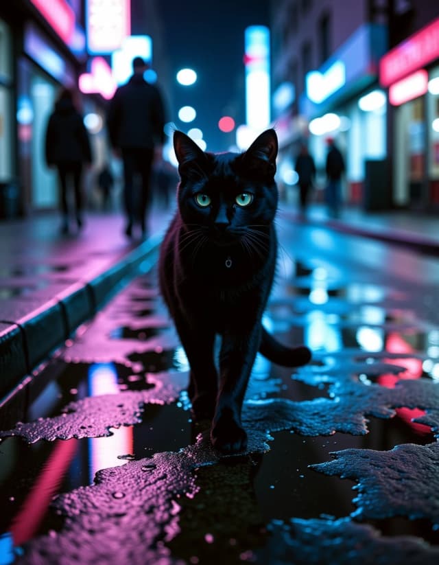 Cinematic moody night city, rainy street, wet asphalt with neon reflections, lonely black cat walking slowly. Consistent black cat throughout the video. Close‑up of cat’s eyes, no people in foreground, distant blurred silhouettes. Cold blue‑purple palette, street lamps, soft film grain. Camera slowly follows the cat, low angle tracking shot, slow motion, no distortion. Atmospheric, melancholic. 16:9, 18 seconds.