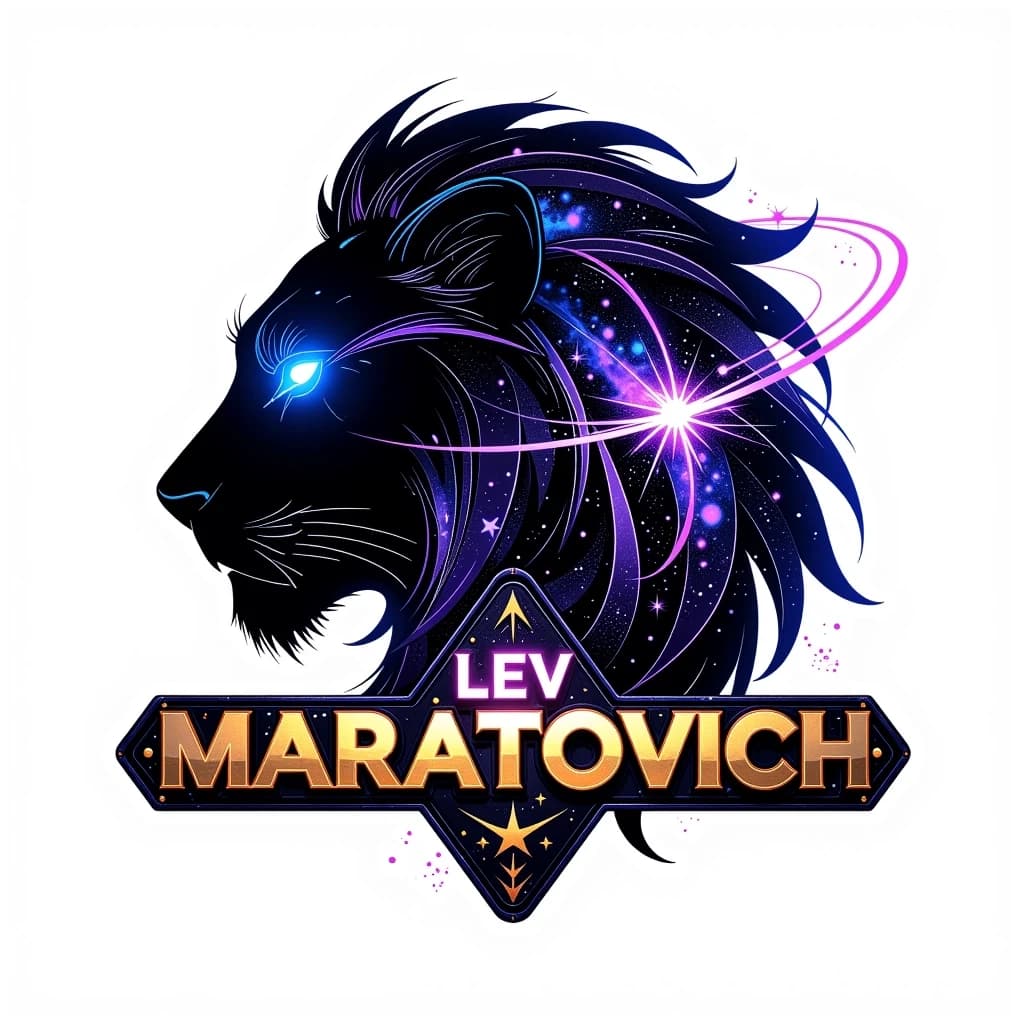 Futuristic sci‑fi logo for “Лев Маратович”: a lion silhouette made of stars, nebulae, and glowing energy lines. The mane is a swirl of particles and constellations; the lion’s eyes glow cold blue like miniature quasars. The text “Лев Маратович” is styled as metallic plates with engraved lettering, like panels from a spaceship; bold font with subtle edge glow. Color palette: deep black, neon violet, electric blue, warm gold accents. Cinematic lighting, high detail, clean composition, highly scalable, white background.